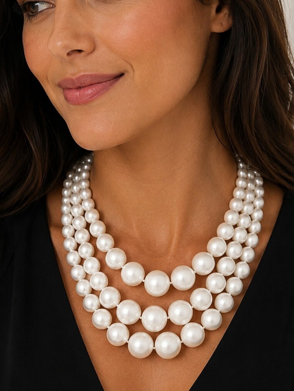 VTG 1980s White Graduated Acrylic Pearl Layered Audrey Hepburn Bridal Necklace